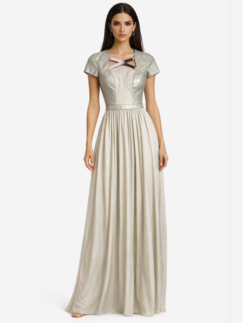 Catherine Deane Leather And Silk Short Sleeve Maxi Gown Dress Size 2